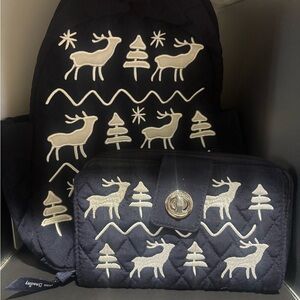 Vera Bradley Black Quilted Backpack with Reindeer Design